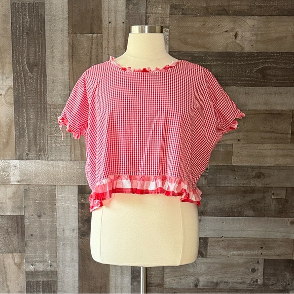 Handmade red gingham plaid ruffle trim top large festival boho garden party - Picture 5 of 10